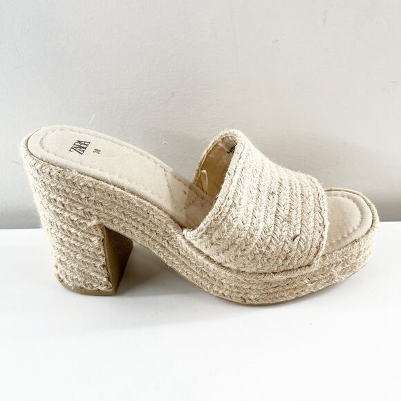 ZARA Woven Wicker Platform Square Toe Slide Block Heel Sandals Tan 38 / US 8 - Picture 2 of 9